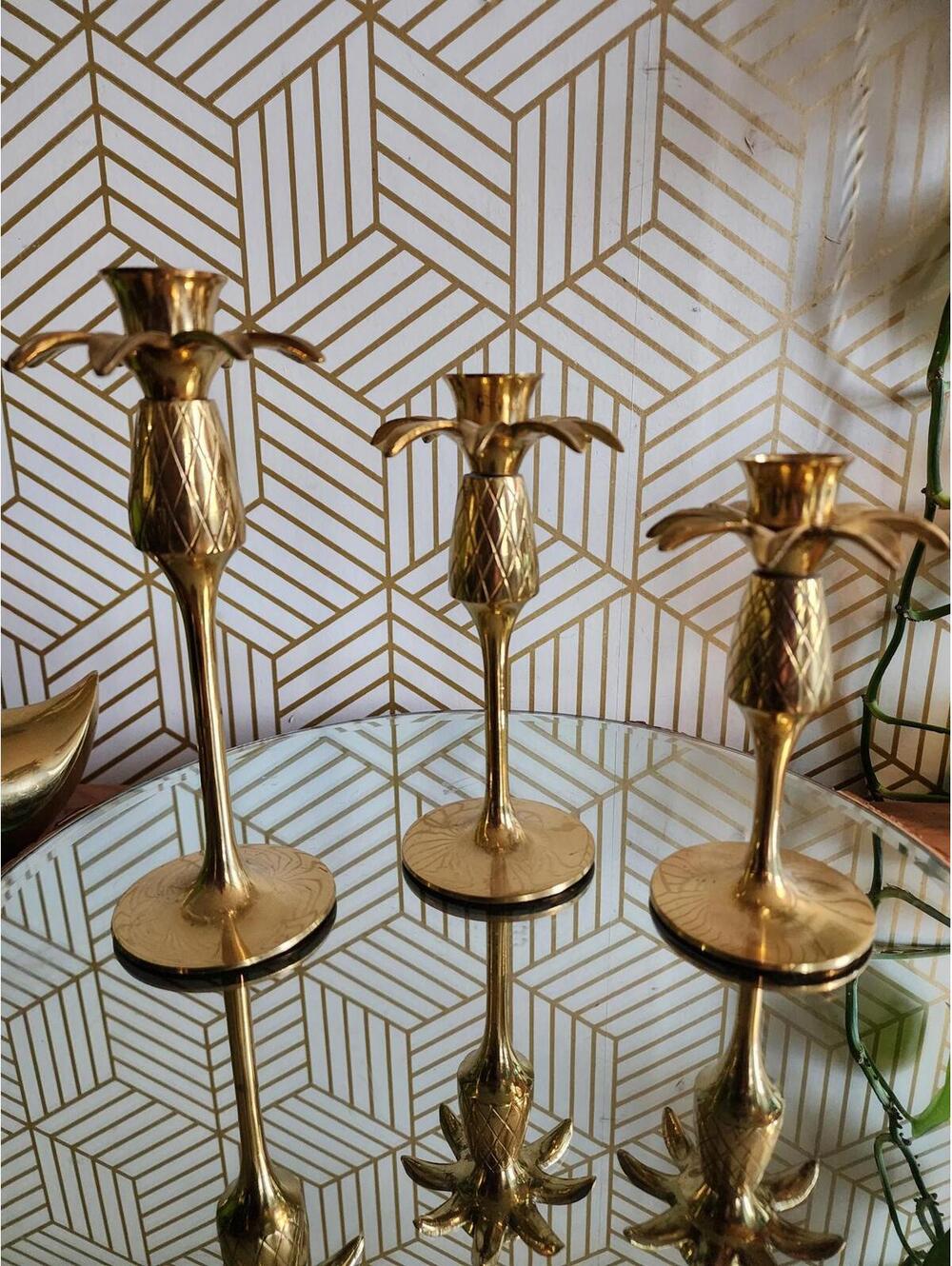 Vintage Hampton Brass Gold Graduated Pineapple Candlestick Holders Set of 3